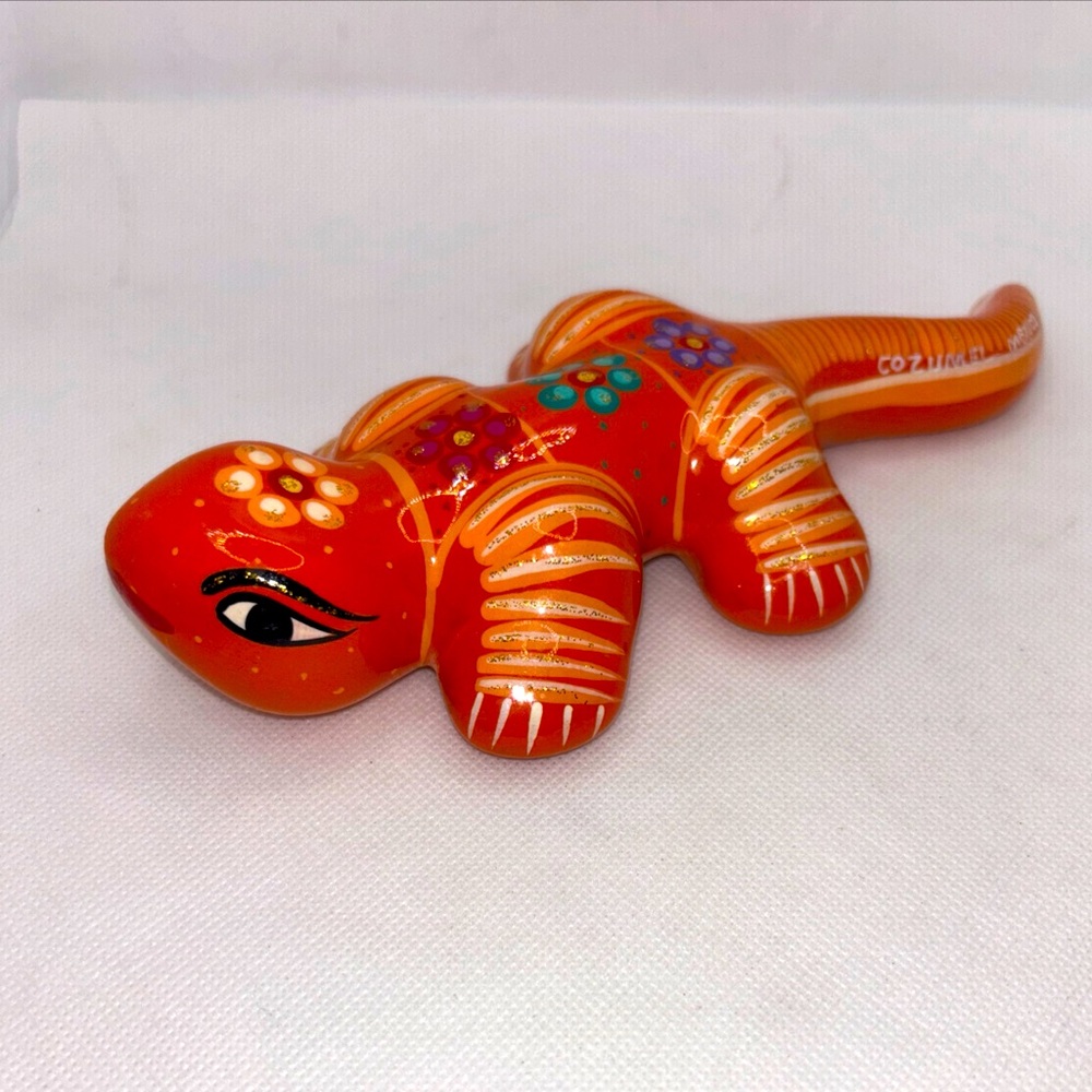 Talavera Mexico Gecko Chameleon Lizard Orange Pottery Hand Painted 8.5"